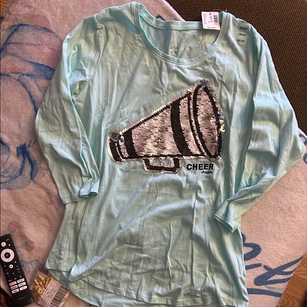Justice Teal Sequin Cheer Shirt tee